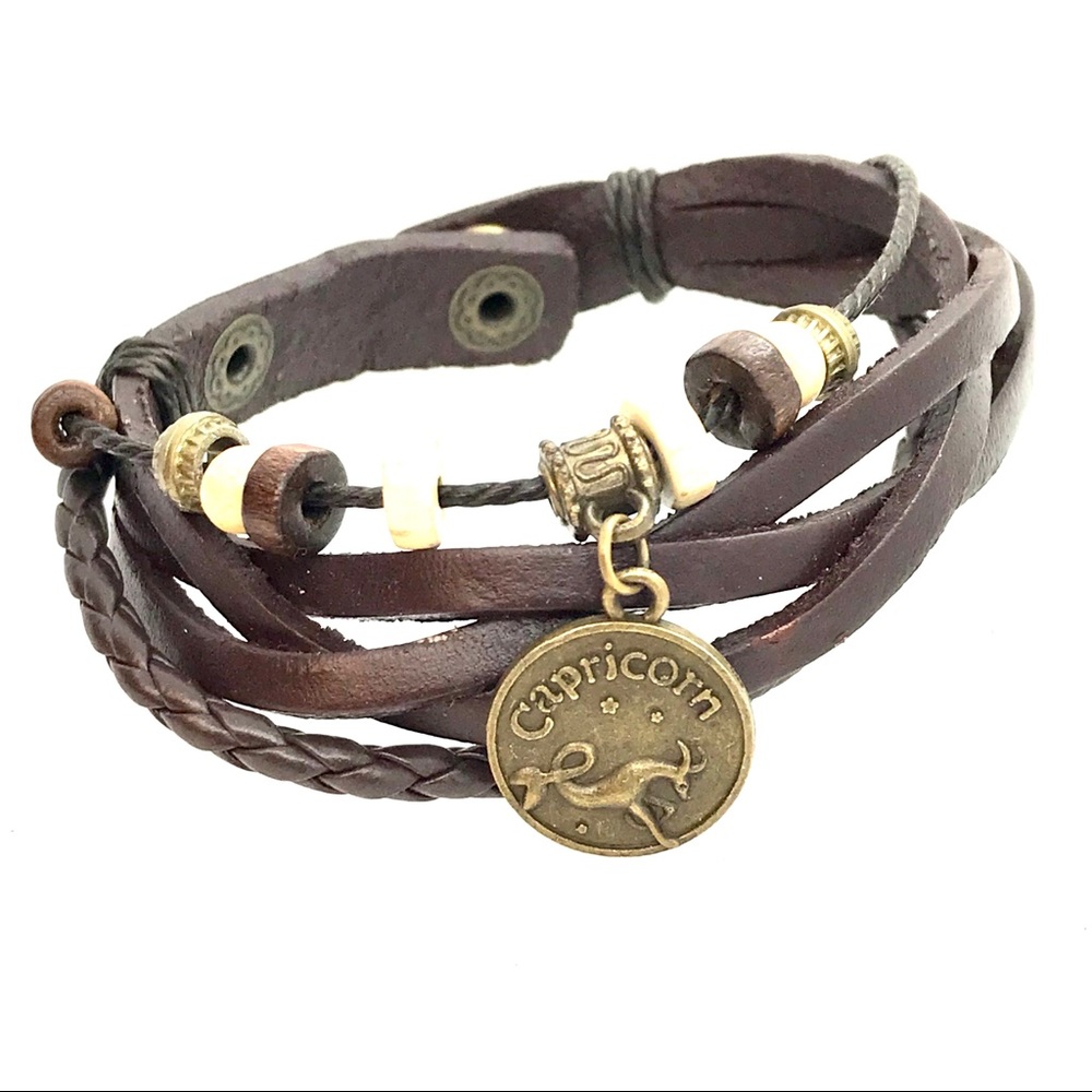 Leather bracelet Capricorn Zodiac with charms